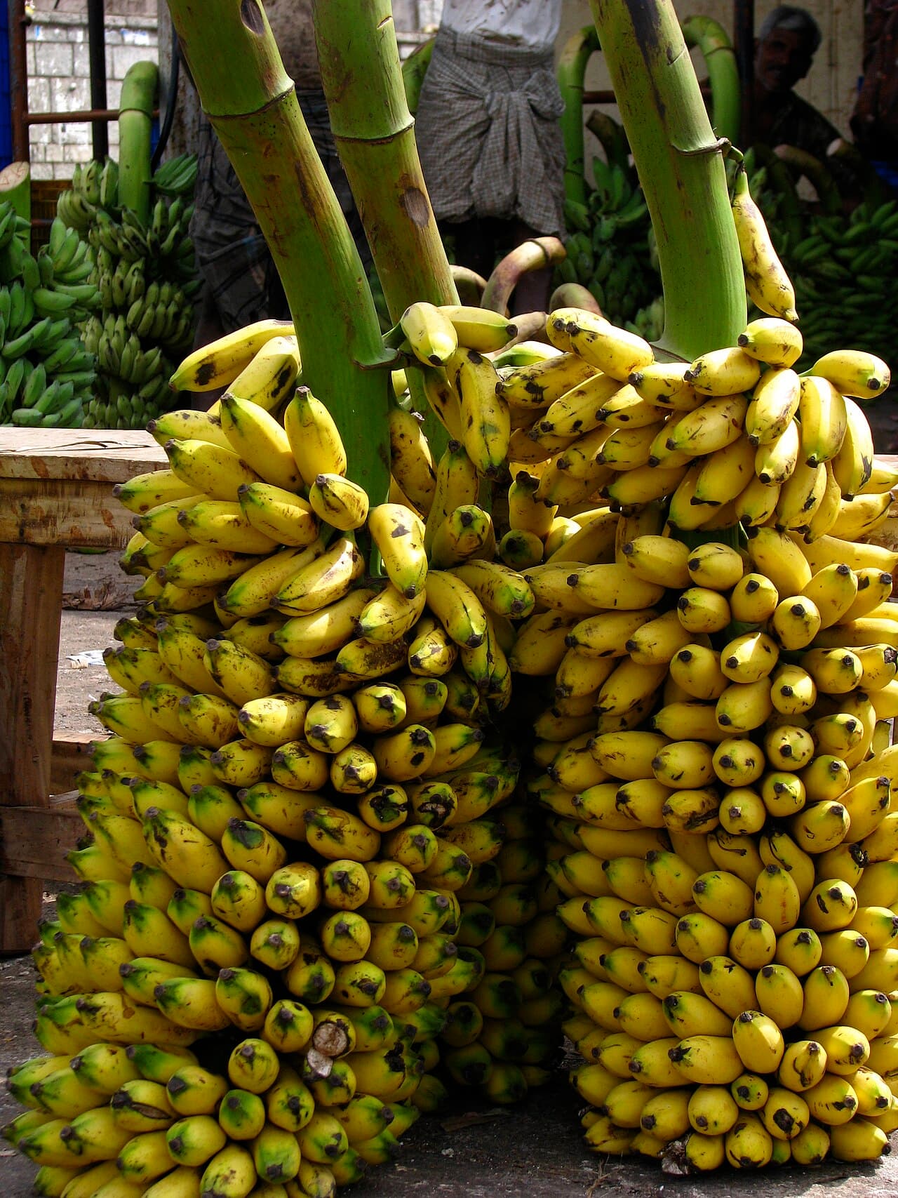 Whole banana bunches stacked at a wholesale market